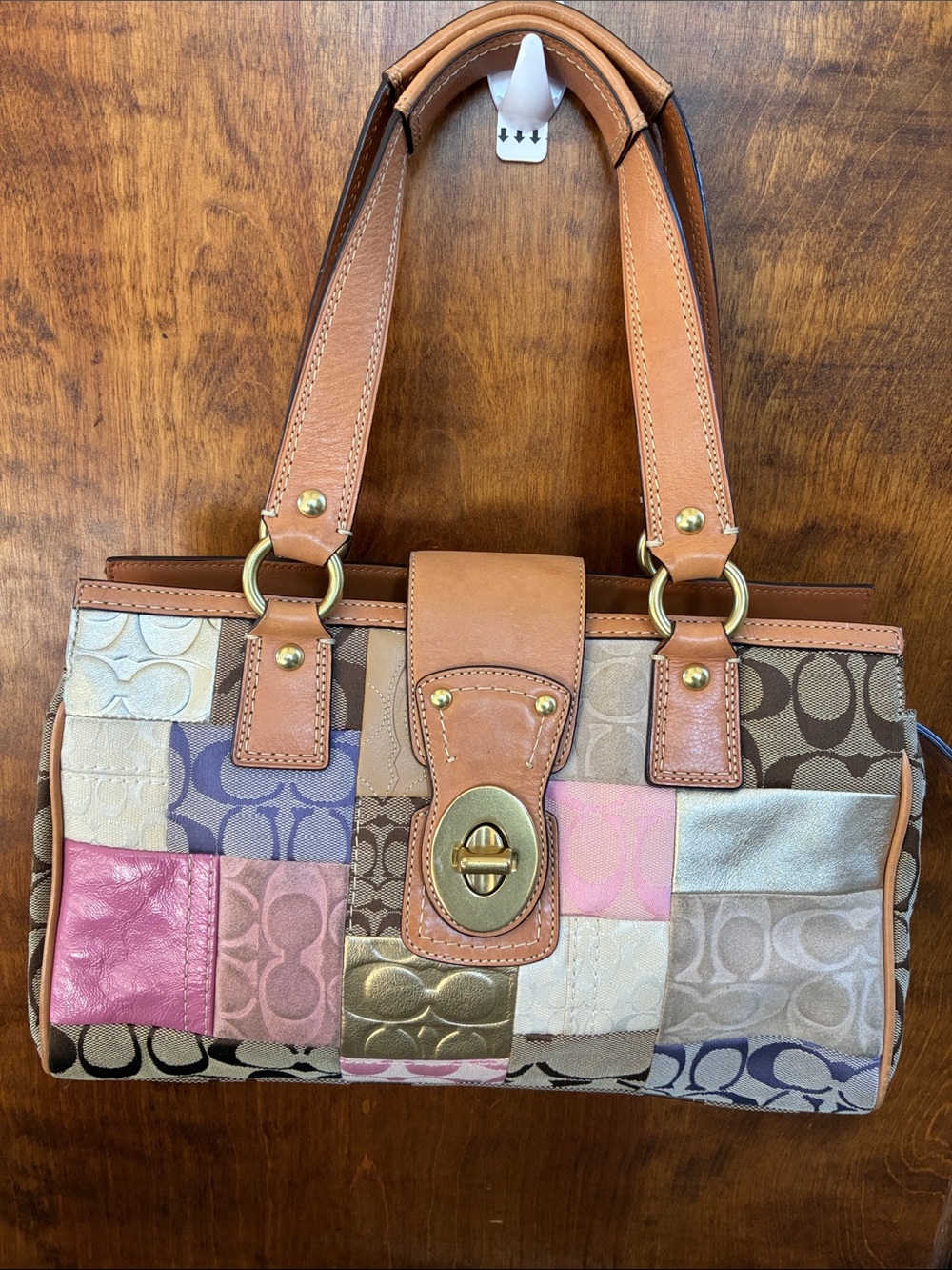 Coach  Satchel Purse Brown & Pink Signature Patchwork Design